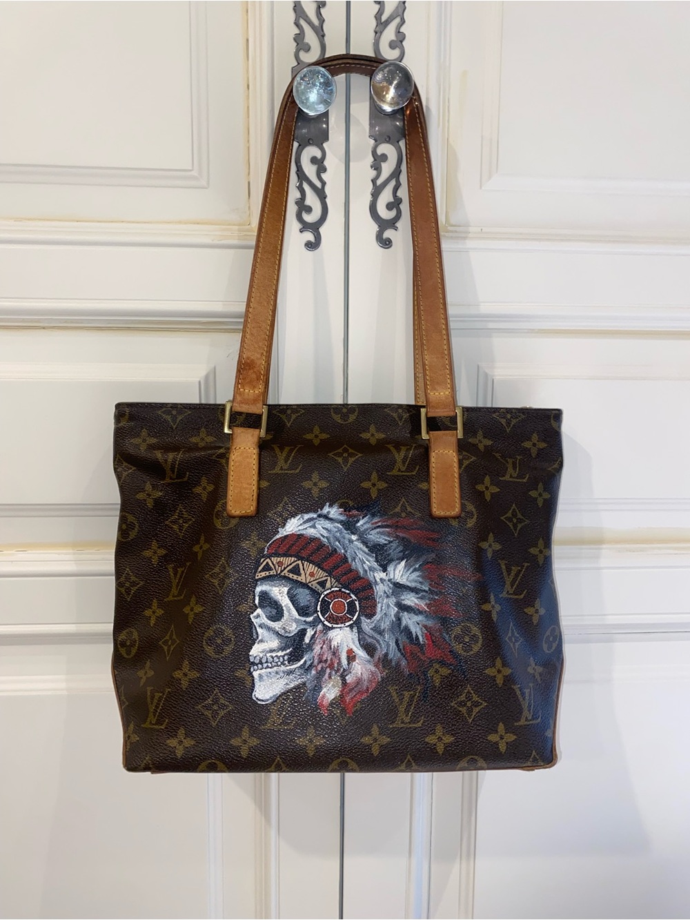 Louis Vuitton Monogram Tote with Hand Painted Skull and Red-Accent Headdress.